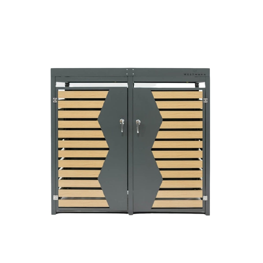 Moderne Holz- und Metall-Gartentür mit vertikalen Lamellen